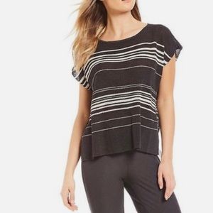 Eileen Fisher Organic Linen Knit Boxy Short Sleeve Poncho Striped Top Graphite/…